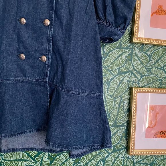 Zara | Double Breasted Puff Sleeve Denim Mini Dress XS Ruffle - Picture 2 of 6